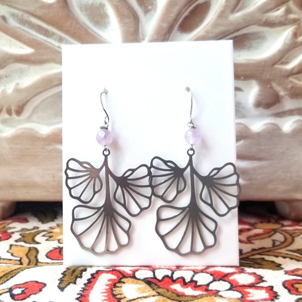 Handmade Floral Amethyst Earrings - 2" Drop - New